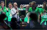 24 May 2025; Ferencváros head coach Robbie Keane celebrates with the trophy, at the Groupama Arena in Budapest, after winning the OTP Bank Liga title following his side's victory over ETO Gyor in Hungary. Photo by Nikola Krstic/Sportsfile