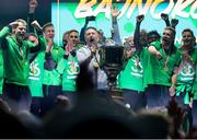 24 May 2025; Ferencváros head coach Robbie Keane celebrates with the trophy, at the Groupama Arena in Budapest, after winning the OTP Bank Liga title following his side's victory over ETO Gyor in Hungary. Photo by Nikola Krstic/Sportsfile