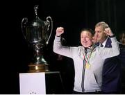 24 May 2025; Ferencváros head coach Robbie Keane celebrates, at the Groupama Arena in Budapest, after his side won the OTP Bank Liga title following thier victory over ETO Gyor in Hungary. Photo by Nikola Krstic/Sportsfile