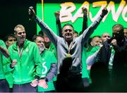 24 May 2025; Ferencváros head coach Robbie Keane celebrates, at the Groupama Arena in Budapest, after his side won the OTP Bank Liga title following thier victory over ETO Gyor in Hungary. Photo by Nikola Krstic/Sportsfile