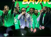 24 May 2025; Ferencváros head coach Robbie Keane celebrates, at the Groupama Arena in Budapest, after his side won the OTP Bank Liga title following thier victory over ETO Gyor in Hungary. Photo by Nikola Krstic/Sportsfile