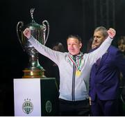 24 May 2025; Ferencváros head coach Robbie Keane celebrates, at the Groupama Arena in Budapest, after his side won the OTP Bank Liga title following thier victory over ETO Gyor in Hungary. Photo by Nikola Krstic/Sportsfile