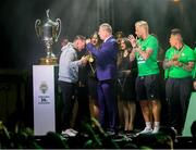 24 May 2025; Ferencváros head coach Robbie Keane celebrates, at the Groupama Arena in Budapest, after his side won the OTP Bank Liga title following thier victory over ETO Gyor in Hungary. Photo by Nikola Krstic/Sportsfile