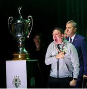 24 May 2025; Ferencváros head coach Robbie Keane celebrates, at the Groupama Arena in Budapest, after his side won the OTP Bank Liga title following thier victory over ETO Gyor in Hungary. Photo by Nikola Krstic/Sportsfile