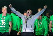 24 May 2025; Ferencváros head coach Robbie Keane celebrates, at the Groupama Arena in Budapest, after his side won the OTP Bank Liga title following thier victory over ETO Gyor in Hungary. Photo by Nikola Krstic/Sportsfile