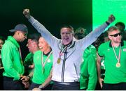 24 May 2025; Ferencváros head coach Robbie Keane celebrates, at the Groupama Arena in Budapest, after his side won the OTP Bank Liga title following thier victory over ETO Gyor in Hungary. Photo by Nikola Krstic/Sportsfile