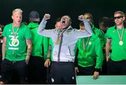 24 May 2025; Ferencváros head coach Robbie Keane celebrates, at the Groupama Arena in Budapest, after his side won the OTP Bank Liga title following thier victory over ETO Gyor in Hungary. Photo by Nikola Krstic/Sportsfile