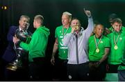 24 May 2025; Ferencváros head coach Robbie Keane celebrates, at the Groupama Arena in Budapest, after his side won the OTP Bank Liga title following thier victory over ETO Gyor in Hungary. Photo by Nikola Krstic/Sportsfile