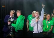 24 May 2025; Ferencváros head coach Robbie Keane celebrates, at the Groupama Arena in Budapest, after his side won the OTP Bank Liga title following thier victory over ETO Gyor in Hungary. Photo by Nikola Krstic/Sportsfile