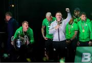 24 May 2025; Ferencváros head coach Robbie Keane celebrates, at the Groupama Arena in Budapest, after his side won the OTP Bank Liga title following thier victory over ETO Gyor in Hungary. Photo by Nikola Krstic/Sportsfile