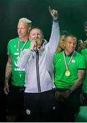24 May 2025; Ferencváros head coach Robbie Keane celebrates, at the Groupama Arena in Budapest, after his side won the OTP Bank Liga title following thier victory over ETO Gyor in Hungary. Photo by Nikola Krstic/Sportsfile