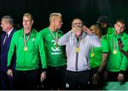 24 May 2025; Ferencváros head coach Robbie Keane celebrates, at the Groupama Arena in Budapest, after his side won the OTP Bank Liga title following thier victory over ETO Gyor in Hungary. Photo by Nikola Krstic/Sportsfile