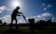 25 May 2025; A groundsman tends to the wicket before match three of the One Day International Series between Ireland and the West Indies at Castle Avenue Cricket Ground in Dublin. Photo by Seb Daly/Sportsfile