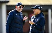 25 May 2025; Ireland head coach Heinrich Malan, right, and spin bowling coach Chris Brown before match three of the One Day International Series between Ireland and the West Indies at Castle Avenue Cricket Ground in Dublin. Photo by Seb Daly/Sportsfile