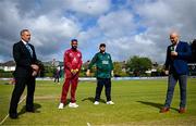 25 May 2025; Match referee Dean Cosker, left, West Indies captain Shai Hope, Ireland captain Paul Stirling and commentator Andrew Leonard during the toss before match three of the One Day International Series between Ireland and the West Indies at Castle Avenue Cricket Ground in Dublin. Photo by Seb Daly/Sportsfile