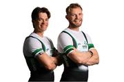 24 May 2025; Rowing Ireland High Performance Athletes 2025 during a portrait session at the National Rowing Centre in Farran Woods, Cork. Pictured is Fintan McCarthy of Skibbereen Rowing Club, left, and Konan Pazzaia of Queen’s University Belfast Boat Club. Photo by Tom Beary/Sportsfile