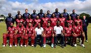 25 May 2025; West Indies players and coaches before match three of the One Day International Series between Ireland and the West Indies at Castle Avenue Cricket Ground in Dublin. Photo by Seb Daly/Sportsfile