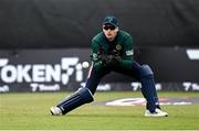 25 May 2025; Ireland wicketkeeper Lorcan Tucker during match three of the One Day International Series between Ireland and the West Indies at Castle Avenue Cricket Ground in Dublin. Photo by Seb Daly/Sportsfile