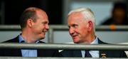24 May 2025; DUP MLA for East Antrim and Minister for Communities Gordon Lyons with Michael Geoghegan President of the Ulster Council GAA as they take their seats for the GAA Football All-Ireland Senior Championship Round 1 match between Armagh and Derry at the BOX-IT Athletic Grounds in Armagh. Photo by Ray McManus/Sportsfile