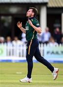 25 May 2025; Ireland bowler Josh Little reacts during match three of the One Day International Series between Ireland and the West Indies at Castle Avenue Cricket Ground in Dublin. Photo by Seb Daly/Sportsfile