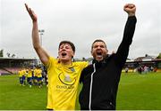 24 May 2025; Daniel O'Neill of Fairview Rangers, left, and manager Michael Sheil after their side's victory in the FAI Junior Cup final match between Fairview Rangers and North End United at Turner's Cross in Cork. Photo by Tom Beary/Sportsfile