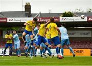 24 May 2025; Jason Cross of Fairview Rangers scores his side's second goal from a a header during the FAI Junior Cup final match between Fairview Rangers and North End United at Turner's Cross in Cork. Photo by Tom Beary/Sportsfile