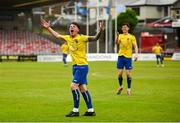 24 May 2025; Daniel O'Neill of Fairview Rangers reacts towards supporters after his side’s fourth goal during the FAI Junior Cup final match between Fairview Rangers and North End United at Turner's Cross in Cork. Photo by Tom Beary/Sportsfile