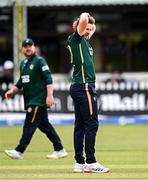 25 May 2025; Ireland bowler Barry McCarthy reacts during match three of the One Day International Series between Ireland and the West Indies at Castle Avenue Cricket Ground in Dublin. Photo by Seb Daly/Sportsfile