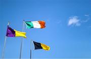 25 May 2025; The Wexford flag, Irish tricolour, and Kilkenny flag are seen flying in the wind before the Leinster GAA Hurling Senior Championship Round 5 match between Wexford and Kilkenny at Chadwicks Wexford Park in Wexford. Photo by Thomas Flinkow/Sportsfile
