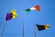 25 May 2025; The Wexford flag, Irish tricolour, and Kilkenny flag are seen flying in the wind before the Leinster GAA Hurling Senior Championship Round 5 match between Wexford and Kilkenny at Chadwicks Wexford Park in Wexford. Photo by Thomas Flinkow/Sportsfile