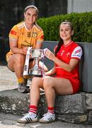 27 May 2025; At the launch of the 2025 TG4 All-Ireland Ladies Football Championships are Bronagh Devlin of Antrim, left, and Áine Breen of Louth with the West County Hotel cup. The 2025 TG4 All-Ireland Championships were launched at Croke Park today, after a number of top inter-county stars travelled to Athlone in Westmeath to mark the beginning of the TG4 All-Ireland series. The 2025 TG4 All-Ireland Junior, Intermediate and Senior Finals will be played at Croke Park on Sunday, August 3, 2025. #ProperFan. Photo by Brendan Moran/Sportsfile