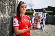 27 May 2025; At the launch of the 2025 TG4 All-Ireland Ladies Football Championships is Áine Breen of Louth with the West County Hotel cup. The 2025 TG4 All-Ireland Championships were launched at Croke Park today, after a number of top inter-county stars travelled to Athlone in Westmeath to mark the beginning of the TG4 All-Ireland series. The 2025 TG4 All-Ireland Junior, Intermediate and Senior Finals will be played at Croke Park on Sunday, August 3, 2025. #ProperFan. Photo by Brendan Moran/Sportsfile