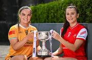 27 May 2025; At the launch of the 2025 TG4 All-Ireland Ladies Football Championships are Bronagh Devlin of Antrim, left, and Áine Breen of Louth with the West County Hotel cup. The 2025 TG4 All-Ireland Championships were launched at Croke Park today, after a number of top inter-county stars travelled to Athlone in Westmeath to mark the beginning of the TG4 All-Ireland series. The 2025 TG4 All-Ireland Junior, Intermediate and Senior Finals will be played at Croke Park on Sunday, August 3, 2025. #ProperFan. Photo by Brendan Moran/Sportsfile