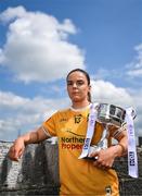 27 May 2025; At the launch of the 2025 TG4 All-Ireland Ladies Football Championships is Bronagh Devlin of Antrim with the West County Hotel cup. The 2025 TG4 All-Ireland Championships were launched at Croke Park today, after a number of top inter-county stars travelled to Athlone in Westmeath to mark the beginning of the TG4 All-Ireland series. The 2025 TG4 All-Ireland Junior, Intermediate and Senior Finals will be played at Croke Park on Sunday, August 3, 2025. #ProperFan. Photo by Brendan Moran/Sportsfile