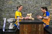 27 May 2025; At the launch of the 2025 TG4 All-Ireland Ladies Football Championships are Ellen Irwin of Roscommon, left, and Ailish Considine of Clare with the Mary Quinn Memorial cup. The 2025 TG4 All-Ireland Championships were launched at Croke Park today, after a number of top inter-county stars travelled to Athlone in Westmeath to mark the beginning of the TG4 All-Ireland series. The 2025 TG4 All-Ireland Junior, Intermediate and Senior Finals will be played at Croke Park on Sunday, August 3, 2025. #ProperFan. Photo by Brendan Moran/Sportsfile