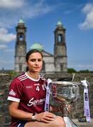 27 May 2025; At the launch of the 2025 TG4 All-Ireland Ladies Football Championships is Kate Geraghty of Galway with the Brendan Martin cup. The 2025 TG4 All-Ireland Championships were launched at Croke Park today, after a number of top inter-county stars travelled to Athlone in Westmeath to mark the beginning of the TG4 All-Ireland series. The 2025 TG4 All-Ireland Junior, Intermediate and Senior Finals will be played at Croke Park on Sunday, August 3, 2025. #ProperFan. Photo by Brendan Moran/Sportsfile