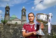 27 May 2025; At the launch of the 2025 TG4 All-Ireland Ladies Football Championships is Kate Geraghty of Galway with the Brendan Martin cup. The 2025 TG4 All-Ireland Championships were launched at Croke Park today, after a number of top inter-county stars travelled to Athlone in Westmeath to mark the beginning of the TG4 All-Ireland series. The 2025 TG4 All-Ireland Junior, Intermediate and Senior Finals will be played at Croke Park on Sunday, August 3, 2025. #ProperFan. Photo by Brendan Moran/Sportsfile