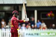 25 May 2025; West Indies batter Shai Hope acknowledges the crowd after bringing up his half-century during match three of the One Day International Series between Ireland and the West Indies at Castle Avenue Cricket Ground in Dublin. Photo by Seb Daly/Sportsfile
