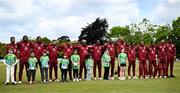 25 May 2025; West Indies players and mascots before match three of the One Day International Series between Ireland and the West Indies at Castle Avenue Cricket Ground in Dublin. Photo by Seb Daly/Sportsfile