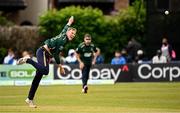 25 May 2025; Ireland bowler Harry Tector during match three of the One Day International Series between Ireland and the West Indies at Castle Avenue Cricket Ground in Dublin. Photo by Seb Daly/Sportsfile