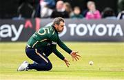 25 May 2025; Andrew McBrine of Ireland fields the ball during match three of the One Day International Series between Ireland and the West Indies at Castle Avenue Cricket Ground in Dublin. Photo by Seb Daly/Sportsfile