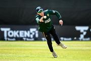 25 May 2025; Harry Tector of Ireland fields the ball during match three of the One Day International Series between Ireland and the West Indies at Castle Avenue Cricket Ground in Dublin. Photo by Seb Daly/Sportsfile