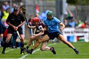 25 May 2025; Tom Monaghan of Galway is tackled by Chris Crummey of Dublin during the Leinster GAA Hurling Senior Championship Round 5 match between Dublin and Galway at Parnell Park in Dublin. Photo by Tyler Miller/Sportsfile