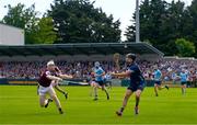 25 May 2025; Dublin goalkeeper Sean Brennan in action against John Fleming of Galway during the Leinster GAA Hurling Senior Championship Round 5 match between Dublin and Galway at Parnell Park in Dublin. Photo by Tyler Miller/Sportsfile