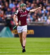 25 May 2025; Brian Concannon of Galway celebrates scoring a point during the Leinster GAA Hurling Senior Championship Round 5 match between Dublin and Galway at Parnell Park in Dublin. Photo by Tyler Miller/Sportsfile