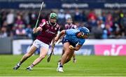 25 May 2025; Riain McBride of Dublin in action against Cianan Fahy of Galway during the Leinster GAA Hurling Senior Championship Round 5 match between Dublin and Galway at Parnell Park in Dublin. Photo by Tyler Miller/Sportsfile
