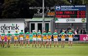 25 May 2025; Offaly players stand fo the playing of Amhrán na bhFiann during the Leinster GAA Hurling Senior Championship Round 5 match between Offaly and Antrim at Glenisk O’Connor Park in Tullamore, Offaly. Photo by Michael P Ryan/Sportsfile