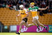 25 May 2025; Paddy Burke of Antrim in action against Donal Shirley of Offaly during the Leinster GAA Hurling Senior Championship Round 5 match between Offaly and Antrim at Glenisk O’Connor Park in Tullamore, Offaly. Photo by Michael P Ryan/Sportsfile