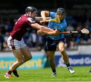 25 May 2025; Sean Currie of Dublin is tackled by Padraic Mannion of Galway during the Leinster GAA Hurling Senior Championship Round 5 match between Dublin and Galway at Parnell Park in Dublin. Photo by Ray McManus/Sportsfile