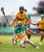 25 May 2025; Colin Spain of Offaly in action against Eoghan Campbell of Antrim during the Leinster GAA Hurling Senior Championship Round 5 match between Offaly and Antrim at Glenisk O’Connor Park in Tullamore, Offaly. Photo by Michael P Ryan/Sportsfile